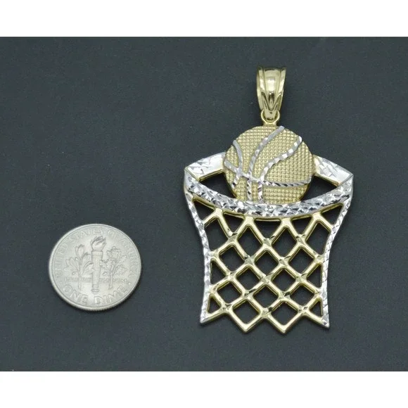 Real 10K Two-Tone Gold 54mm Basketball Hoop Net Sport Diamond Cut Pendant 3.8gr